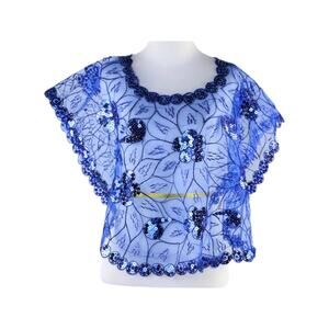 Cobalt Blue Mesh Caped Floral Print Top with Sequins And Beading - One Size
